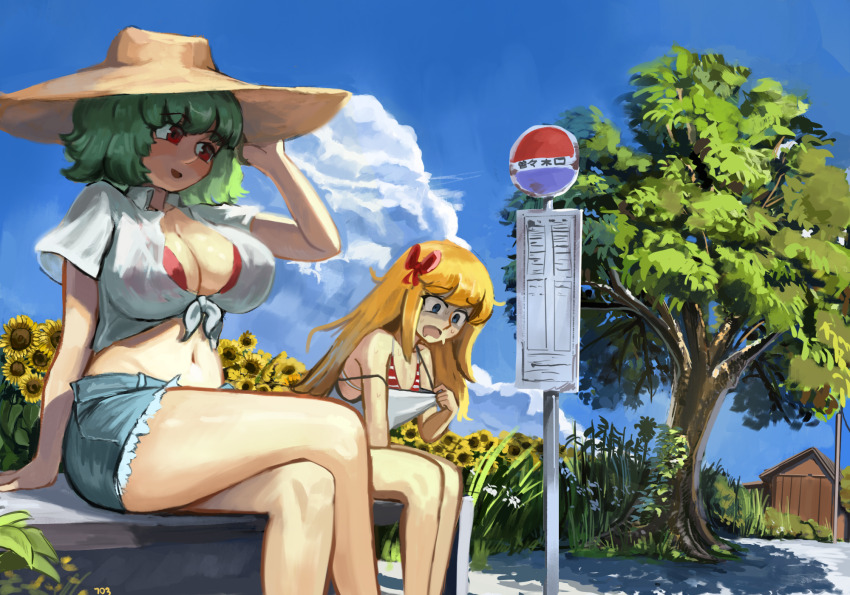 103anon 2girls adjusting_clothes adjusting_headwear arm_support bare_arms bikini bikini_top_only bikini_visible_through_clothes blonde_hair blue_eyes blue_sky bow breasts brown_hat bus_stop bus_stop_sign cleavage clothes_pull cloud collared_shirt commentary constricted_pupils cropped_shirt crossed_legs cutoffs day denim denim_shorts drooling english_commentary feet_out_of_frame field flat_chest flower flower_field front-tie_top grass green_hair hair_bow hand_on_own_hat hat highres horizontal-striped_clothes hot kazami_yuuka large_breasts lily_white long_hair looking_down midriff mouth_drool multiple_girls navel on_bench open_mouth outdoors red_bikini red_bow red_eyes see-through_clothes see-through_shirt shaded_face shirt shirt_pull short_sleeves shorts sitting sky spaghetti_strap striped_bikini striped_clothes sun_hat sunflower sunflower_field sweat swimsuit tank_top torn_clothes torn_shorts touhou tree very_long_hair very_sweaty wavy_hair white_bikini white_shirt white_tank_top wide_brim