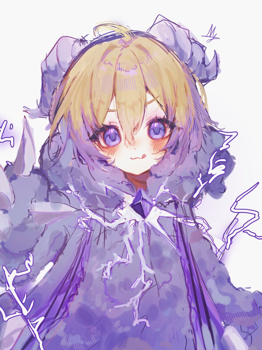 1girl :3 :q blonde_hair claws closed_mouth don_quixote_(project_moon) e.g.o_(project_moon) electric_screaming_(e.g.o) highres horns jacket limbus_company looking_at_viewer multicolored_hair paw_sleeves project_moon purple_eyes purple_hair purple_jacket sheep_horns short_hair simple_background smile solo streaked_hair tongue tongue_out white_background wool yukinatomi