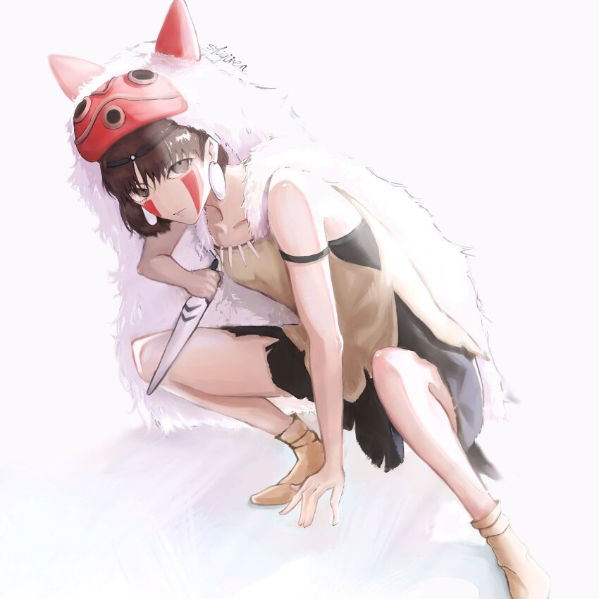 1girl armlet boots brown_hair commentary dress earrings hand_on_ground highres holding holding_knife jewelry knife looking_at_viewer makeup mask mononoke_hime reflection san_(mononoke_hime) sayo_akito short_hair signature simple_background solo squatting unworn_mask white_background