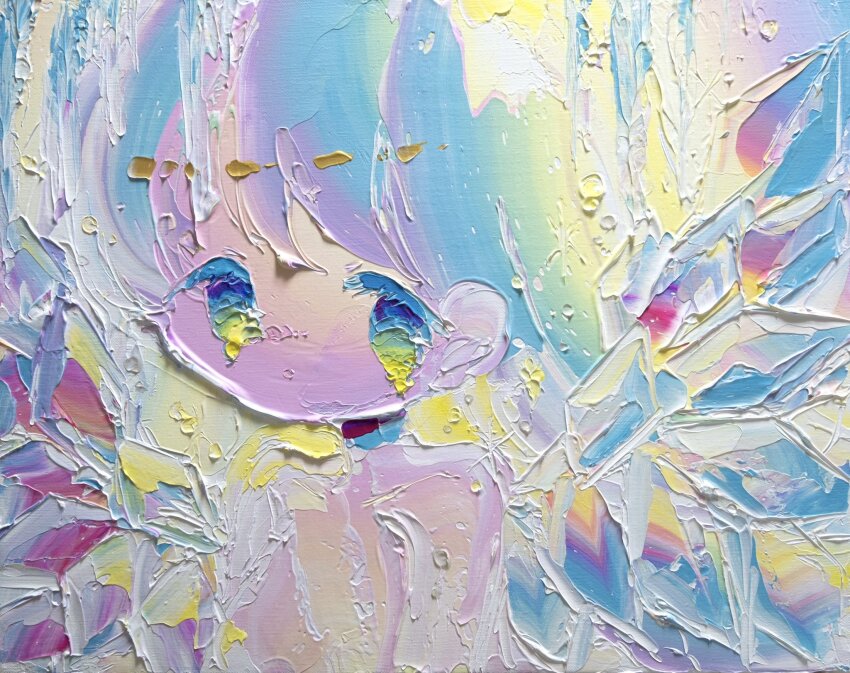 1girl blonde_hair blue_eyes blue_hair closed_mouth colored_skin crystal_wings dot_mouth gradient_eyes gradient_hair highres impasto long_hair looking_at_viewer melting_eyes multicolored_eyes multicolored_hair no_sclera oda_mifuu original painting_(medium) purple_hair purple_skin solo tareme traditional_media upper_body wings yellow_eyes
