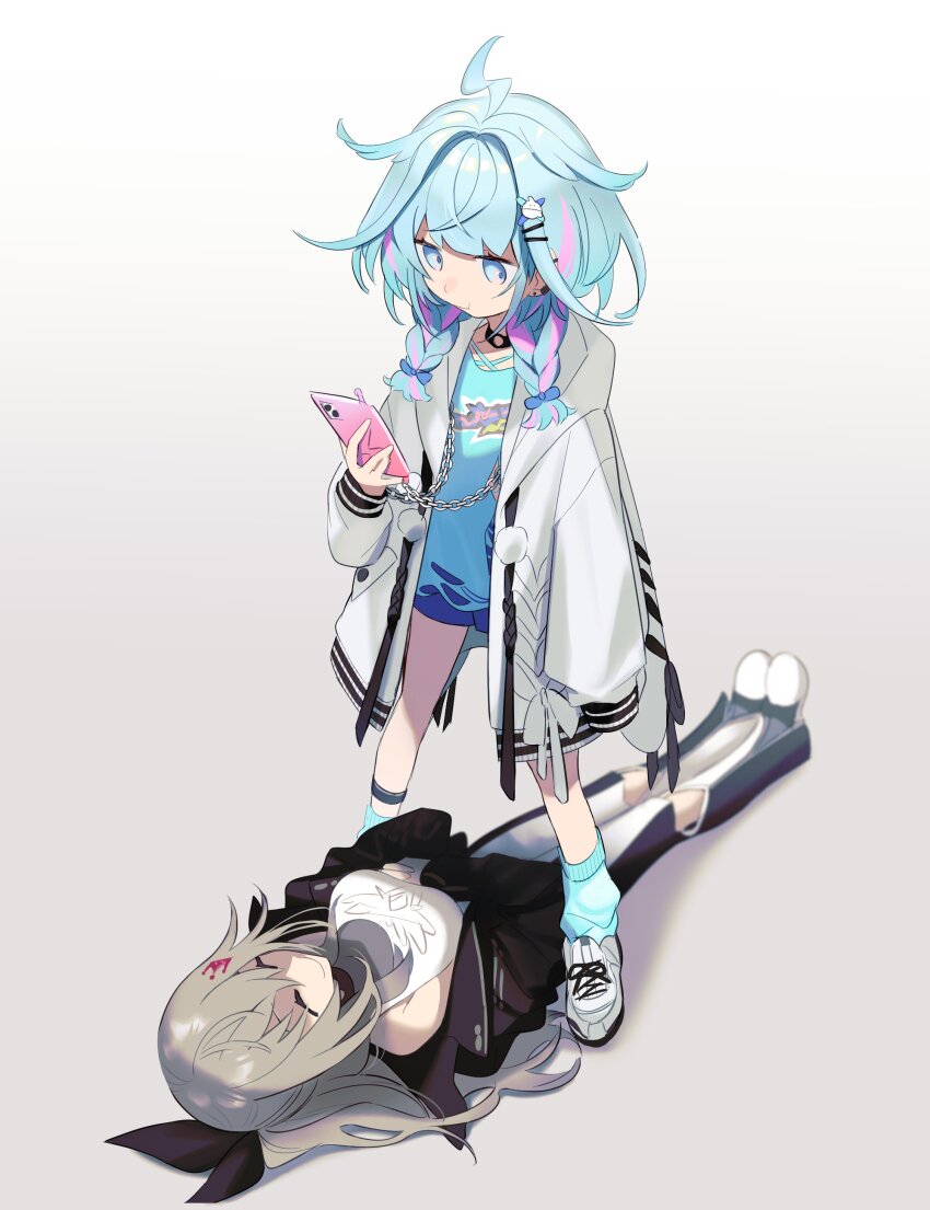 2girls :t absurdres ahoge black_choker black_jacket black_pants black_ribbon blue_eyes blue_hair blue_shirt blue_shorts blue_socks braid breasts cellphone chain choker closed_eyes closed_mouth commentary crown_hair_ornament earclip earrings full_body gradient_background grey_background grey_hair hair_intakes hair_ornament hair_ribbon hairclip highres holding holding_phone hololive hololive_dev_is hood hooded_jacket isaki_riona jacket jewelry jitome kiyama_g knee_cutout legs_apart legs_together lightning_ahoge long_hair looking_down loose_socks low_twin_braids lying medium_breasts medium_hair mizumiya_su multicolored_hair multiple_girls o-ring o-ring_choker on_back open_clothes open_jacket pants phone pink_hair pom_pom_(clothes) ribbon shaded_face shirt shoes short_shorts shorts simple_background sleeveless sleeveless_shirt small_breasts smartphone smile sneakers socks streaked_hair twin_braids two-tone_hair two-tone_pants virtual_youtuber white_jacket white_pants white_shirt white_shoes