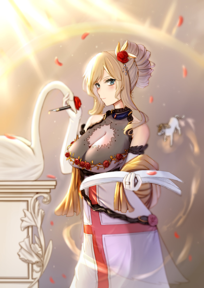 1girl 995080356 alternate_costume alternate_hairstyle blonde_hair breasts cleavage_cutout clothing_cutout commentary_request dress duke_of_york_(warship_girls_r) elbow_gloves gloves green_eyes highres large_breasts sidelocks sleeveless sleeveless_dress solo warship_girls_r white_dress white_gloves