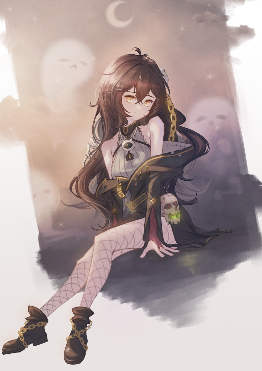 1girl absurdres ahoge bare_shoulders black_hair boots breasts crescent_moon fishnet_pantyhose fishnet_thighhighs fishnets ghost grimmi_(vtuber) hair_between_eyes halloween hand_on_floor highres indie_virtual_youtuber jewelry light_smile long_hair messy_hair moon night night_sky off_shoulder official_alternate_costume pale_skin pantyhose pendant shoes sidelocks sitting skeletal_hand sky star_(sky) thighhighs thighs very_long_hair virtual_youtuber yellow_eyes