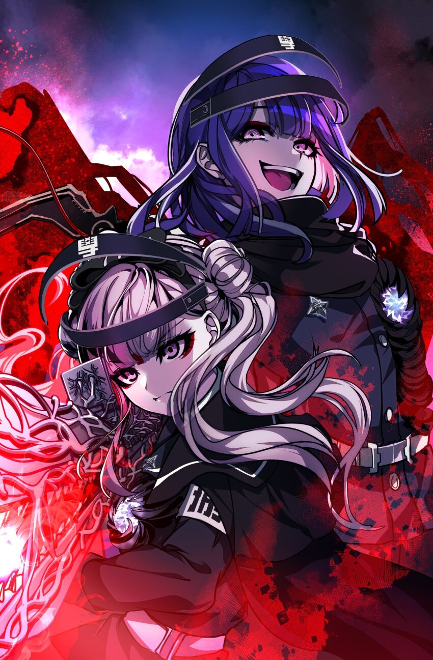 1boy 1girl armband belt black_bow black_hairband black_serafuku blood bloody_wings bow bow_hairband brother_and_sister cape double_bun eyeliner gakuran grin gun hair_bun hairband headgear highres holding holding_gun holding_weapon hole_in_chest hole_on_body last_defense_academy_school_uniform long_hair looking_ahead looking_at_viewer makeup medium_hair nota_sayaka pink_eyes pink_hair purple_hair red_eyeliner rifle school_uniform serafuku siblings smile teeth the_hundred_line_-last_defense_academy- tsukumo_ima tsukumo_kako twins twintails weapon white_armband white_belt wings