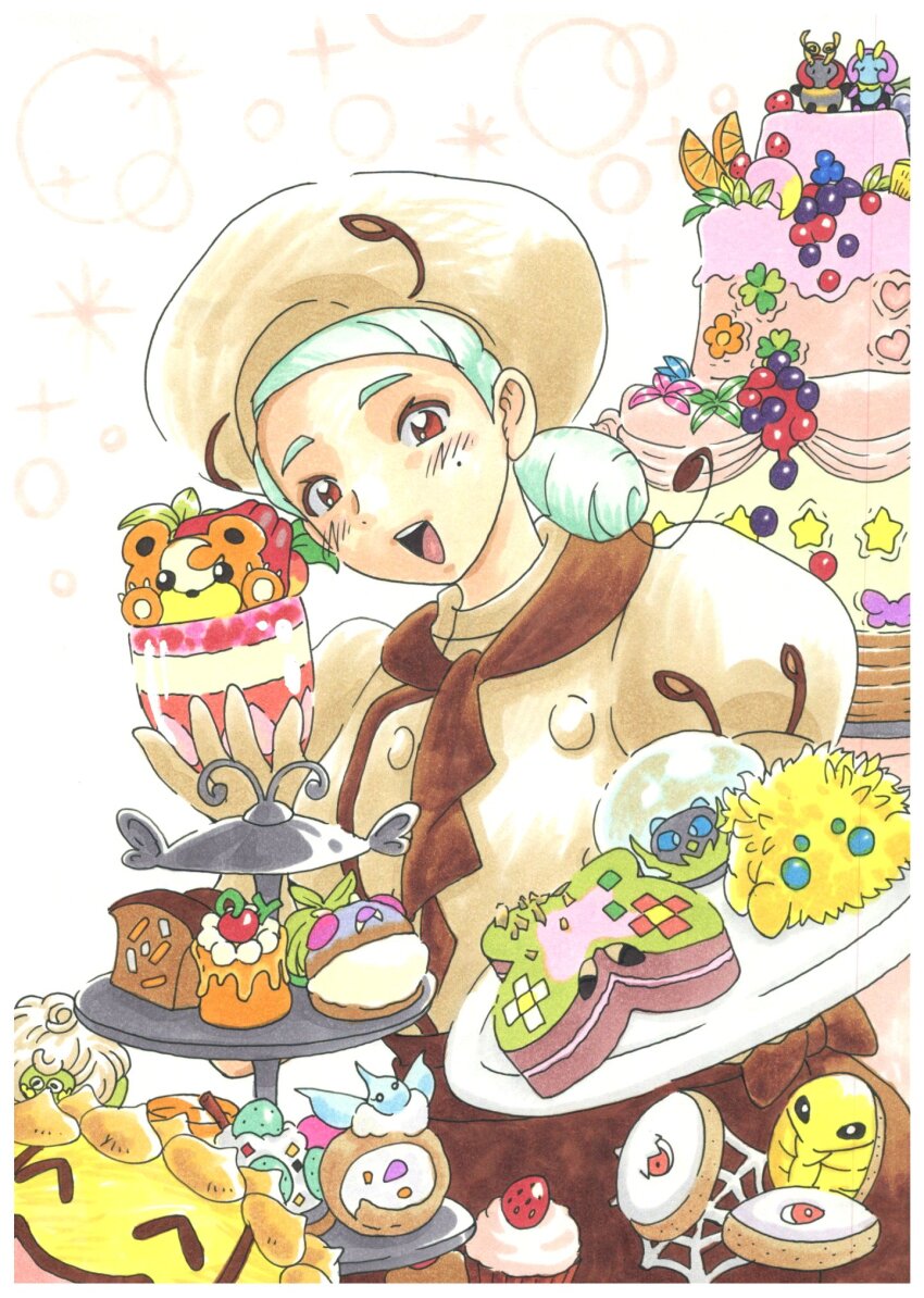 1girl alternate_eye_color apron ascot bakery berry_(pokemon) blush bow breasts brown_apron brown_ascot brown_eyes brown_skirt bug butterfree buttons cake cascoon character-themed_food chef chef_hat cheri_berry cupcake dewpider food fruit gen_1_pokemon gen_2_pokemon gen_3_pokemon gen_5_pokemon gen_7_pokemon gloves green_hair hat highres holding holding_tray icing illumise joltik kakuna katy_(pokemon) layer_cake leppa_berry low_side_ponytail mago_berry masquerain mint mint_(pokemon) mole mole_on_cheek nintendo open_mouth orange_(fruit) orange_slice painting_(medium) parfait pokemon pokemon_(creature) pokemon_sv pomeg_berry puffy_short_sleeves puffy_sleeves shirt shop short_sleeves silcoon skirt smile solo spider_web_print star_(symbol) strawberry sunflora swadloon sweets tarountula tea_set teddiursa tiered_tray traditional_media tray underbust user_xtvr5433 volbeat waist_apron watercolor_(medium)