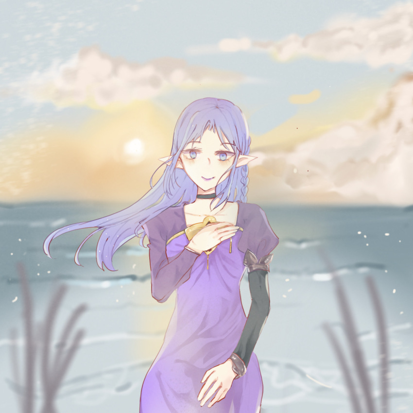 1girl beach black_choker blue_eyes blue_hair blush braid breasts choker dress dusk fate/stay_night fate_(series) hand_on_own_chest highres ilttlep long_hair long_sleeves looking_at_viewer medea_(caster)_(fate) medea_(fate) ocean pointy_ears side_braid smile solo sun