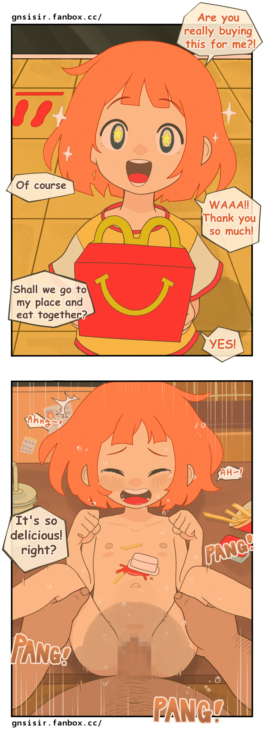 1boy 1girl 2koma ^^^ absurdres age_difference before_and_after border censored clenched_hands closed_eyes comic daughter_(yoru_mac) emphasis_lines english_text fanbox_username feet_out_of_frame flat_chest food french_fries from_above gnsisir happy hetero highres ketchup loli looking_at_viewer lying mcdonald&#039;s mosaic_censoring motion_lines multiple_views navel nipples nude open_mouth orange_hair paid_reward_available panels pedophile pov pov_crotch pov_hands rape saliva sex short_hair sidelocks sound_effects speech_bubble spread_legs star-shaped_pupils star_(symbol) straight-on sweat symbol-shaped_pupils tareme tearing_up thigh_grab thighs tongue vaginal water_drop watermark web_address white_border yoru_mac