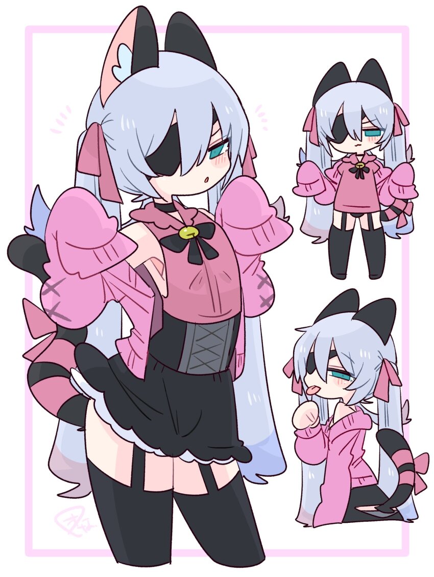 1boy :3 :o animal_ear_fluff animal_ears armpits bare_shoulders bell black_choker black_corset black_panties black_ribbon black_skirt black_tail black_thighhighs blue_eyes blue_hair blush bow bulge cardigan cat_boy cat_ears cat_tail choker clothing_cutout collared_shirt colored_tips commentary corset cowboy_shot crossdressing crossdressing_(mtf) double-parted_bangs eyepatch flipped_hair frilled_shirt_collar frills from_behind full_body garter_straps hair_between_eyes hair_bow hand_up hands_up highres jingle_bell long_hair long_sleeves looking_at_viewer looking_back male_focus miniskirt multicolored_hair multiple_views narrowed_eyes neck_bell neck_ribbon no_nose off_shoulder one_eye_covered op_na_yarou open_cardigan open_clothes original panties panty_peek parted_lips pink_bow pink_cardigan pink_ribbon pink_shirt quad_tails red_hair ribbon rigel_(op_na_yarou) shirt sidelocks simple_background skirt sleeveless sleeveless_shirt sleeves_past_fingers sleeves_past_wrists straight_hair tail tail_bow tail_ornament tail_ribbon tail_through_clothes thighhighs thighs tongue tongue_out trap underwear upper_body v-shaped_eyebrows very_long_hair watermark white_background white_hair