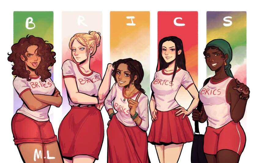 5girls asian brazil breasts brics china earrings highres indian jewelry large_breasts latina looking_at_viewer loopsie medium_breasts multiple_girls necklace non-web_source nose_piercing nose_ring original piercing russia shirt shorts skirt south_africa tongue tongue_out