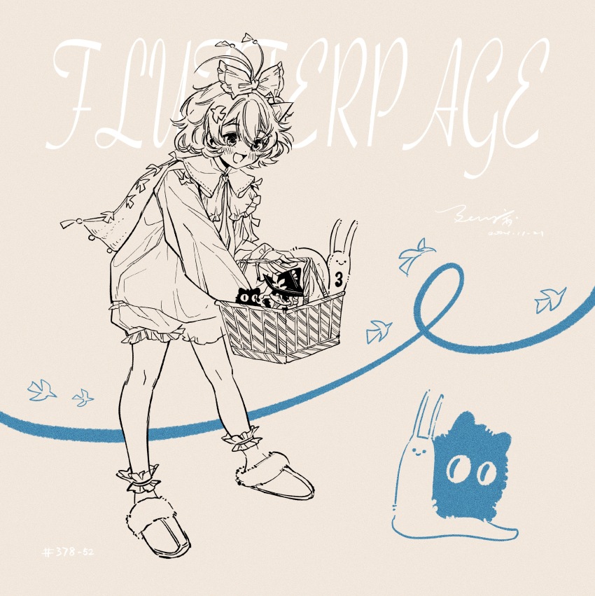 1girl :d abingbeey absurdres ahoge basket bow brown_background cape carbuncle_(reverse:1999) character_doll character_name creature doll flutterpage full_body hair_bow highres holding holding_basket legs_apart lineart looking_at_object open_mouth reverse:1999 shirt short_hair shorts simple_bird slippers smile socks solo standing stuffed_snail willow_(reverse:1999)