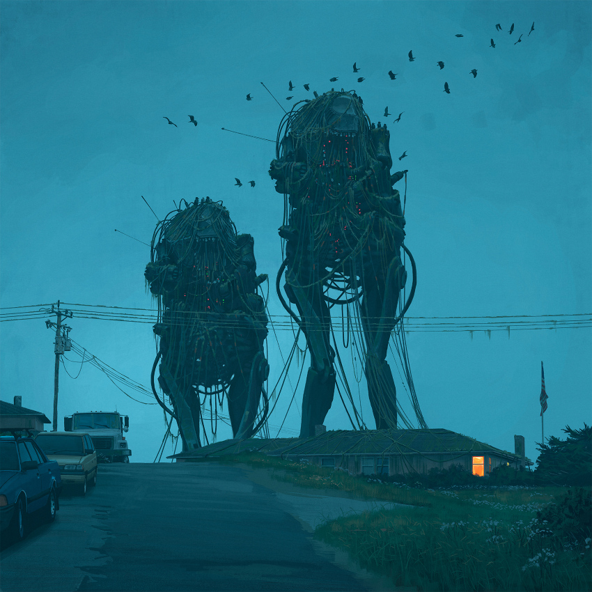 american_flag bird cable car cloud cloudy_sky evening freightliner highres motor_vehicle no_humans official_art power_lines road robot science_fiction simon_stalenhag sky the_electric_state truck utility_pole