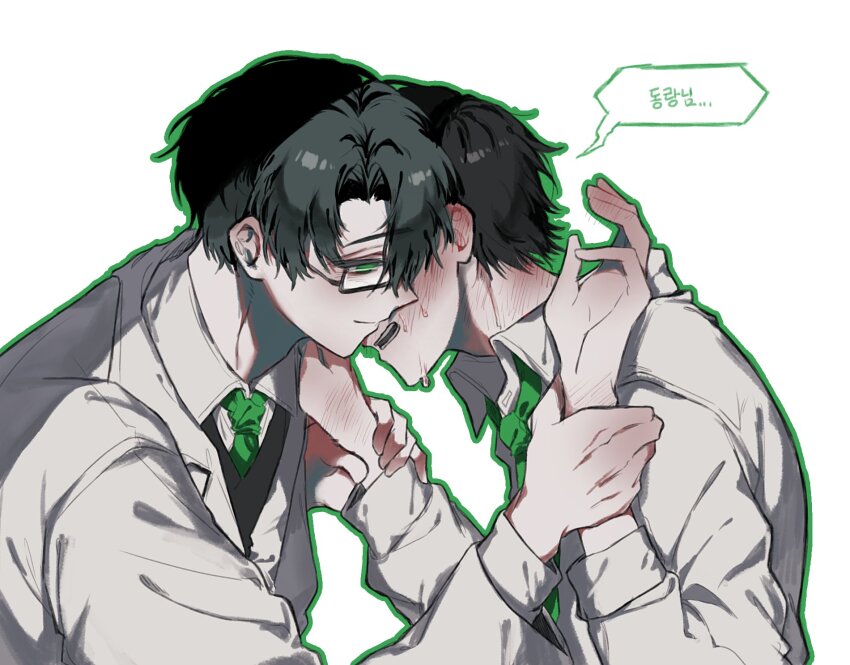 2boys bags_under_eyes black_hair black_vest coat collared_shirt covered_face crying curtained_hair dongrang_(project_moon) glasses green_eyes green_necktie green_outline hair_over_one_eye hands_up highres holding_another&#039;s_wrists implied_yaoi korean_text limbus_company looking_at_another multiple_boys necktie outline project_moon red_hong00 samjo_(project_moon) scratches shirt upper_body vest white_background white_coat white_shirt