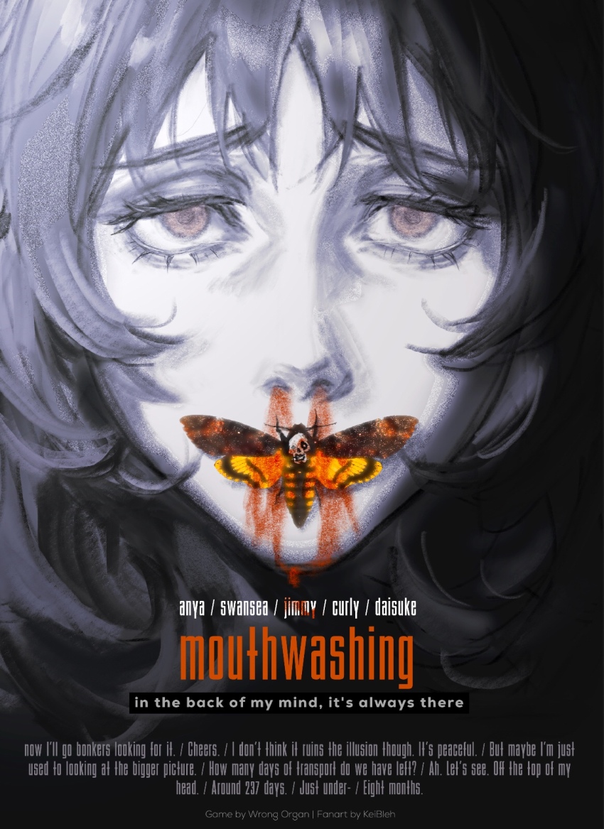 1girl anya_(mouthwashing) black_hair blood bug copyright_name cover death&#039;s_head_hawkmoth english_text fake_cover highres keibleh looking_at_viewer messy_hair mouthwashing movie_poster nosebleed portrait solo straight-on the_silence_of_the_lambs
