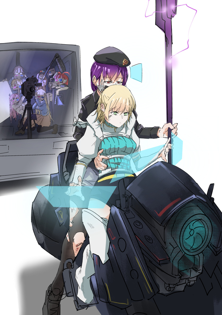 6+girls absurdres aikawa_megumi asakura_karen_(heaven_burns_red) asami_makiko_(heaven_burns_red) black_shorts blonde_hair danch331 green_eyes hands_on_another&#039;s_waist heaven_burns_red highres izumi_yuki_(heaven_burns_red) kayamori_ruka kunimi_tama motor_vehicle multiple_girls nanase_nanami_(heaven_burns_red) purple_hair red_eyes short_hair shorts team_31a_(heaven_burns_red) tezuka_saki thighhighs tight_clothes torn_clothes torn_thighhighs toujou_tsukasa weapon yuri