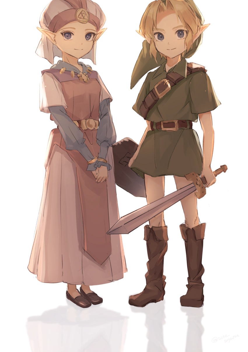 1boy 1girl absurdres belt blonde_hair blue_eyes boots brown_belt brown_footwear child closed_mouth commentary_request deku_shield dress full_body green_hat green_tunic hat highres holding holding_shield holding_sword holding_weapon kokiri_sword link long_dress long_sleeves looking_at_viewer nintendo own_hands_together pink_dress pointy_ears princess_zelda puffy_long_sleeves puffy_sleeves reflective_floor shield short_hair short_sleeves shoulder_belt simple_background smile split_mouth standing sword tete_tuyuten the_legend_of_zelda the_legend_of_zelda:_ocarina_of_time triforce tunic two-tone_dress v_arms weapon white_background white_dress white_headdress young_link young_zelda