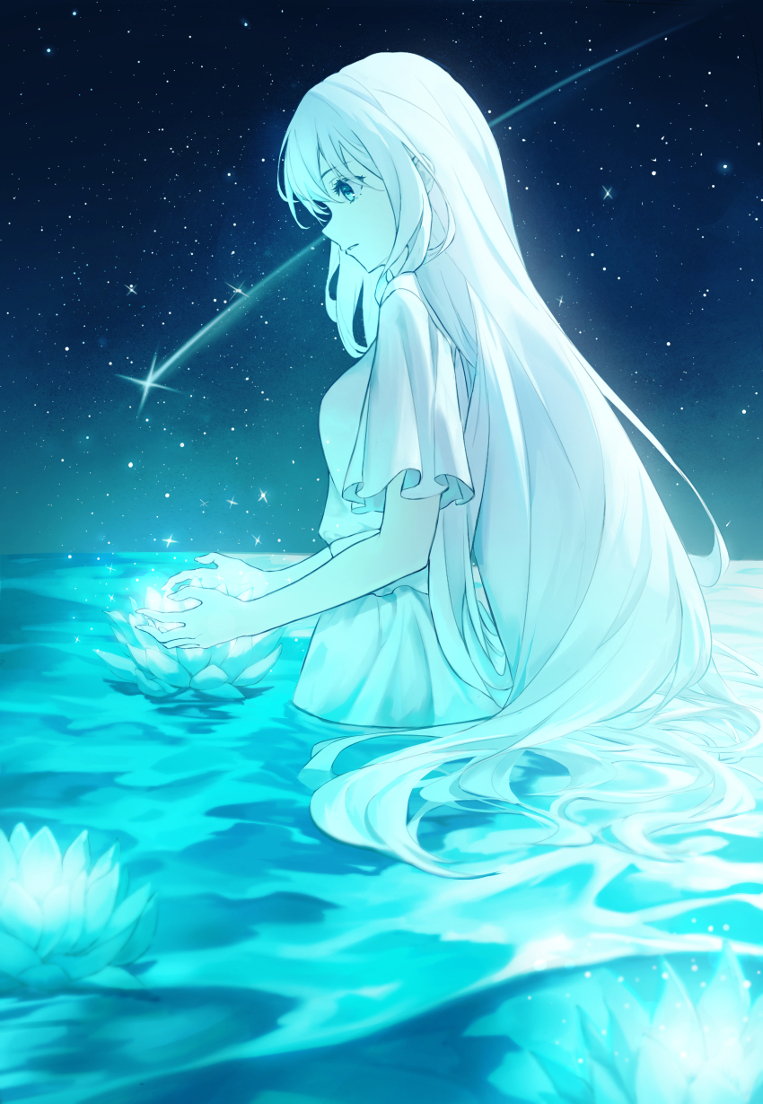 1girl absurdres blue_eyes blue_theme cowboy_shot dress expressionless eyelashes falling_star flower from_side gradient_sky hair_between_eyes hair_spread_out highres long_hair looking_down looking_to_the_side lotus night night_sky open_mouth original partially_submerged retsu_(retsu_3) sky solo sparkle standing star_(sky) starry_sky upper_body very_long_hair wading water white_dress white_hair white_lotus