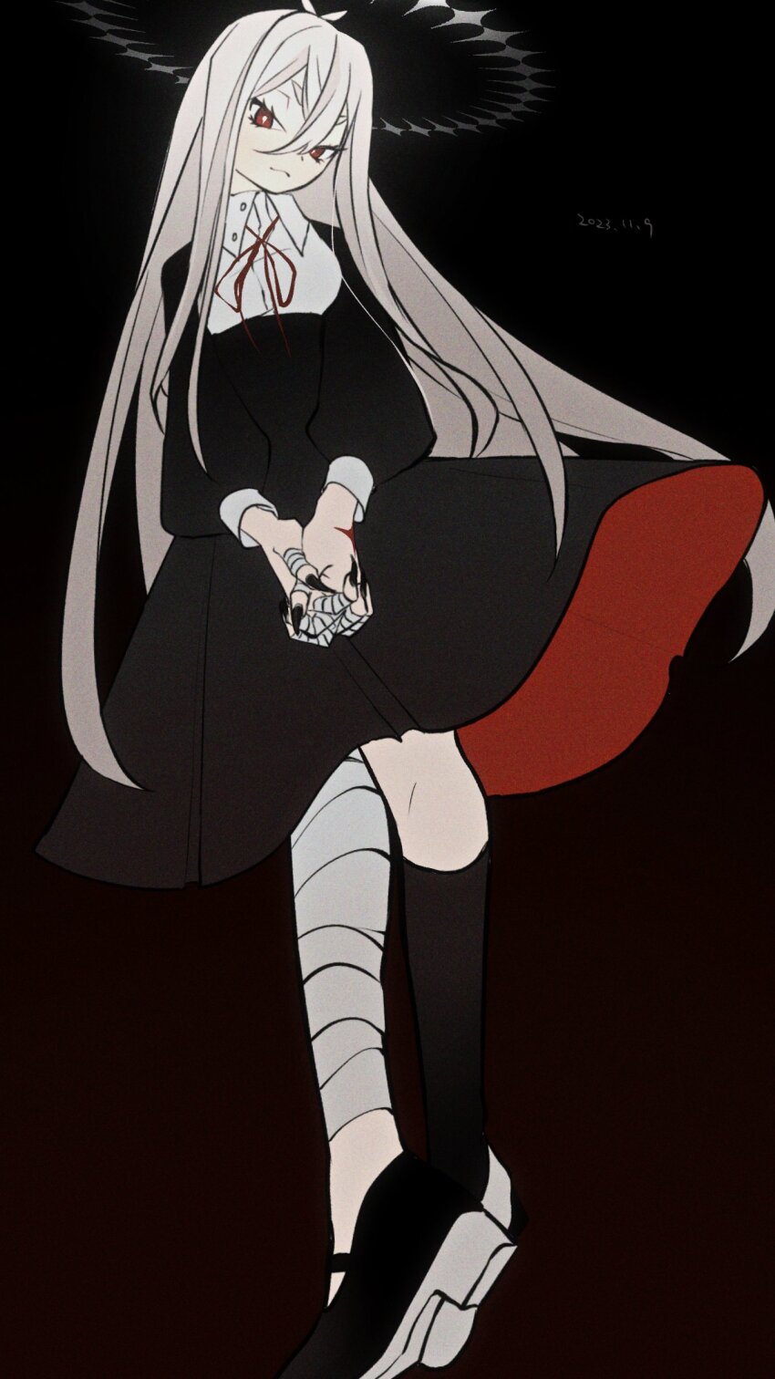 1girl absurdres antenna_hair asymmetrical_legwear bandaged_fingers bandaged_leg bandages black_background black_dress black_footwear black_nails black_socks block_heels breasts bright_pupils closed_mouth collared_shirt commentary_request dated dress fingernails floating_hair full_body gekiyaku hair_ribbon half-closed_eyes halo head_tilt highres interlocked_fingers kneehighs kousuke_(kari) long_sleeves looking_at_viewer medium_breasts own_hands_clasped own_hands_together red_ribbon ribbon sharp_fingernails shirt single_kneehigh single_sock sleeve_cuffs smirk socks solo stigmata thick_eyebrows tsurime underbust utau v-shaped_eyebrows v_arms white_pupils white_shirt