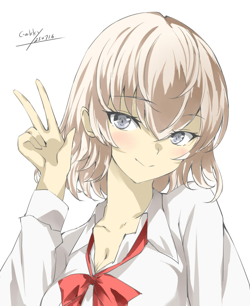 1girl artist_name blonde_hair bow bowtie collarbone collared_shirt dated dress_shirt gakky gloire_(kancolle) grey_hair highres kantai_collection one-hour_drawing_challenge red_bow red_bowtie shirt short_hair simple_background solo white_background white_shirt