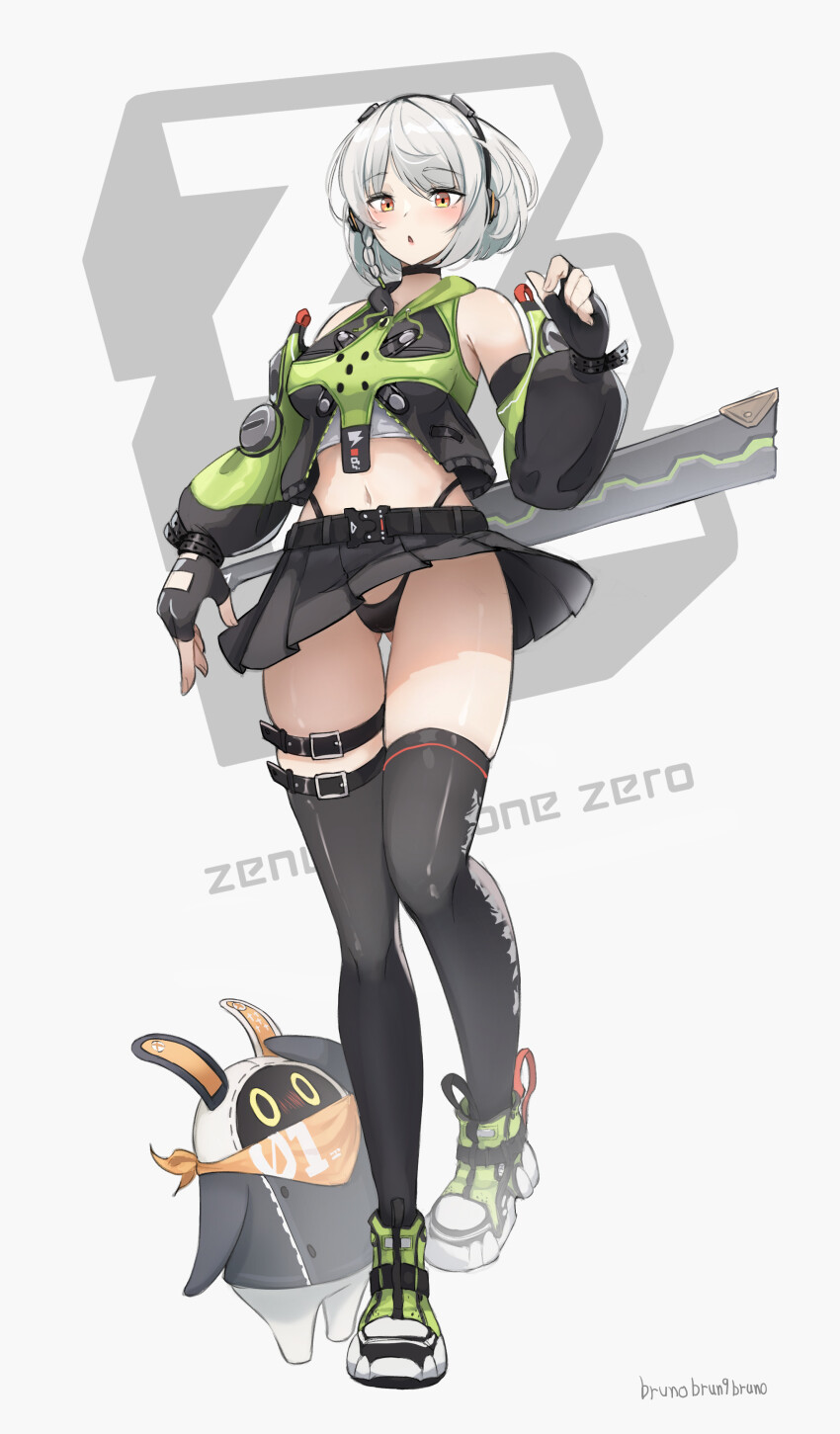 1girl absurdres anby_demara artist_name bangboo_(zenless_zone_zero) black_panties black_skirt black_thighhighs blush braid brown_eyes brunobrun9bruno cameltoe eous_(zenless_zone_zero) fingerless_gloves full_body gloves hair_between_eyes highres looking_at_viewer navel panties short_hair side_braid sidelocks skirt solo standing sword thighhighs underwear weapon white_hair zenless_zone_zero