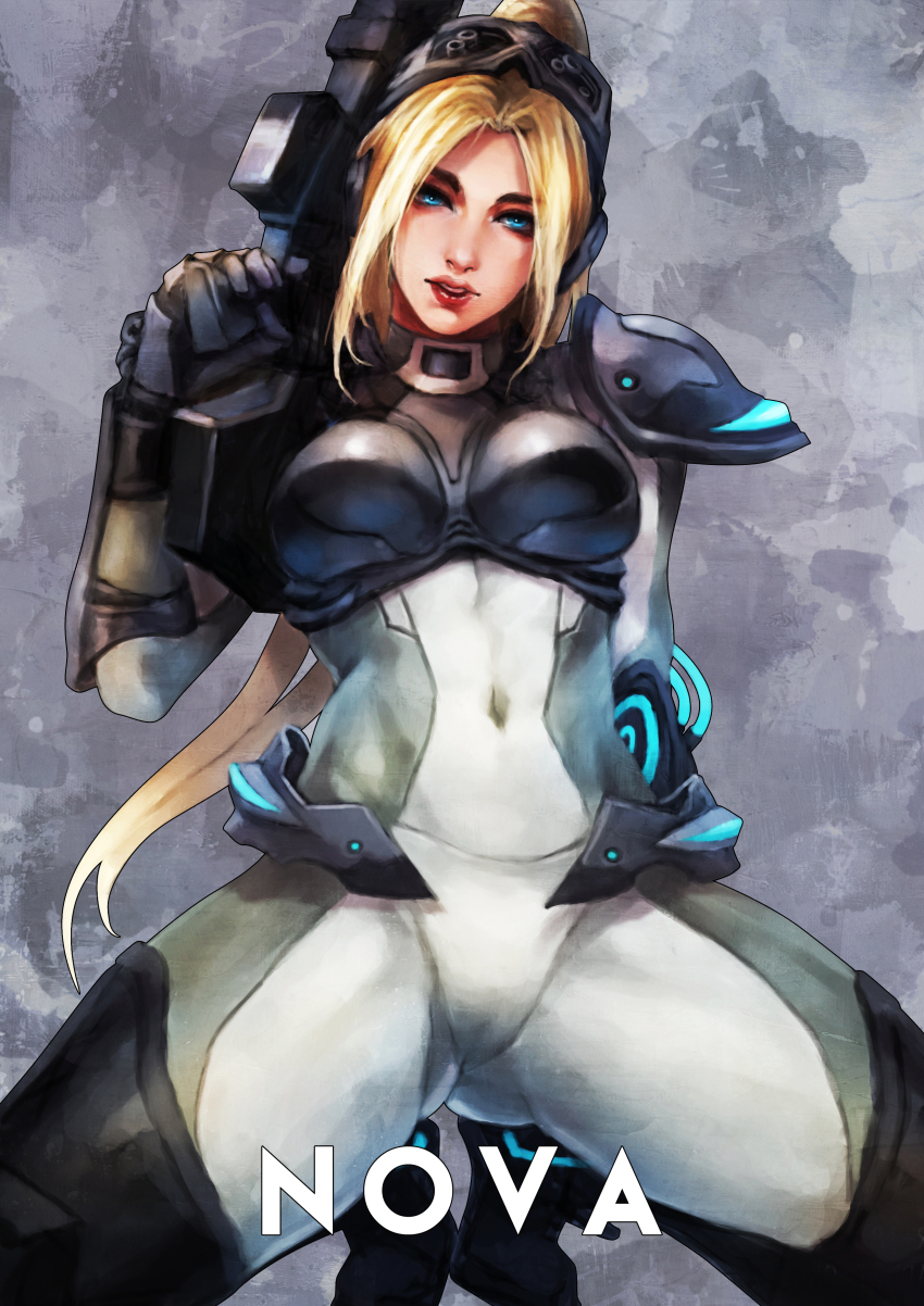 1girl absurdres armor blonde_hair bodysuit boobplate breastplate commentary covered_navel english_commentary female_focus ghost_(starcraft) gloves goggles goggles_on_head gun head_tilt highres kneeling lips long_hair looking_at_viewer monori_rogue nova_(starcraft) parted_lips ponytail solo squatting starcraft thick_eyebrows thick_thighs thighs weapon white_bodysuit
