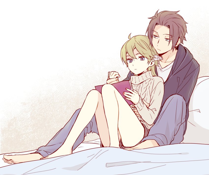 1boy 1girl 7100potechi bare_legs barefoot bed_sheet black_hoodie blue_eyes blue_pants book brown_hair brown_shorts genderswap genderswap_(mtf) hair_between_eyes hetero highres holding holding_book holding_hands hood hood_down hoodie horns hug hug_from_behind hyuse jin_yuuichi knees_up light_brown_hair long_hair long_sleeves looking_at_another looking_away nail_polish open_book orange_nails pants reading short_hair shorts sitting sweater turtleneck turtleneck_sweater world_trigger