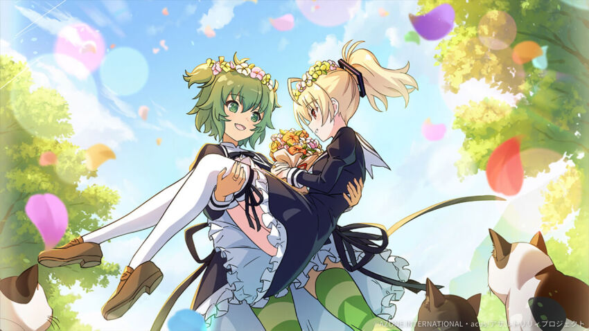 2girls andou_tazusa assault_lily black_ribbon blonde_hair blue_sky blush bouquet carrying cat double_bun falling_petals flower frilled_skirt frills green_eyes green_hair hair_bun holding holding_bouquet multiple_girls official_art open_mouth petals princess_carry red_eyes ribbon school_uniform shoes skirt sky smile striped_clothes striped_thighhighs thighhighs tree white_thighhighs yoshimura_thi_mai yuri yurigaoka_girls_academy_school_uniform