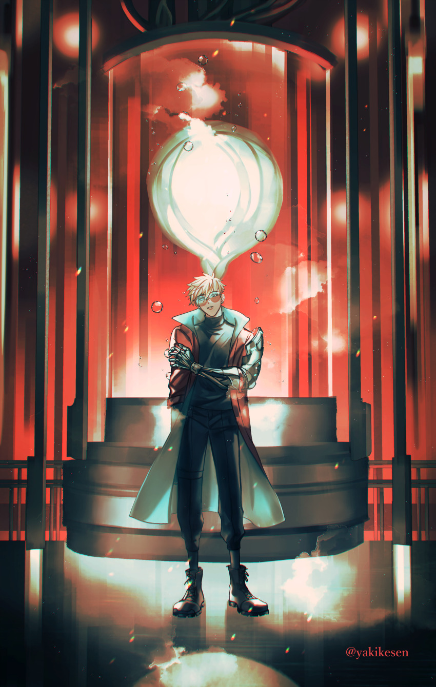 1boy absurdres air_bubble black_pants boots bubble full_body highres light_particles male_focus mole mole_under_eye orange-tinted_eyewear pants parted_lips prosthesis prosthetic_arm short_hair solo standing tinted_eyewear trigun trigun_stampede twitter_username vash_the_stampede yakikesen