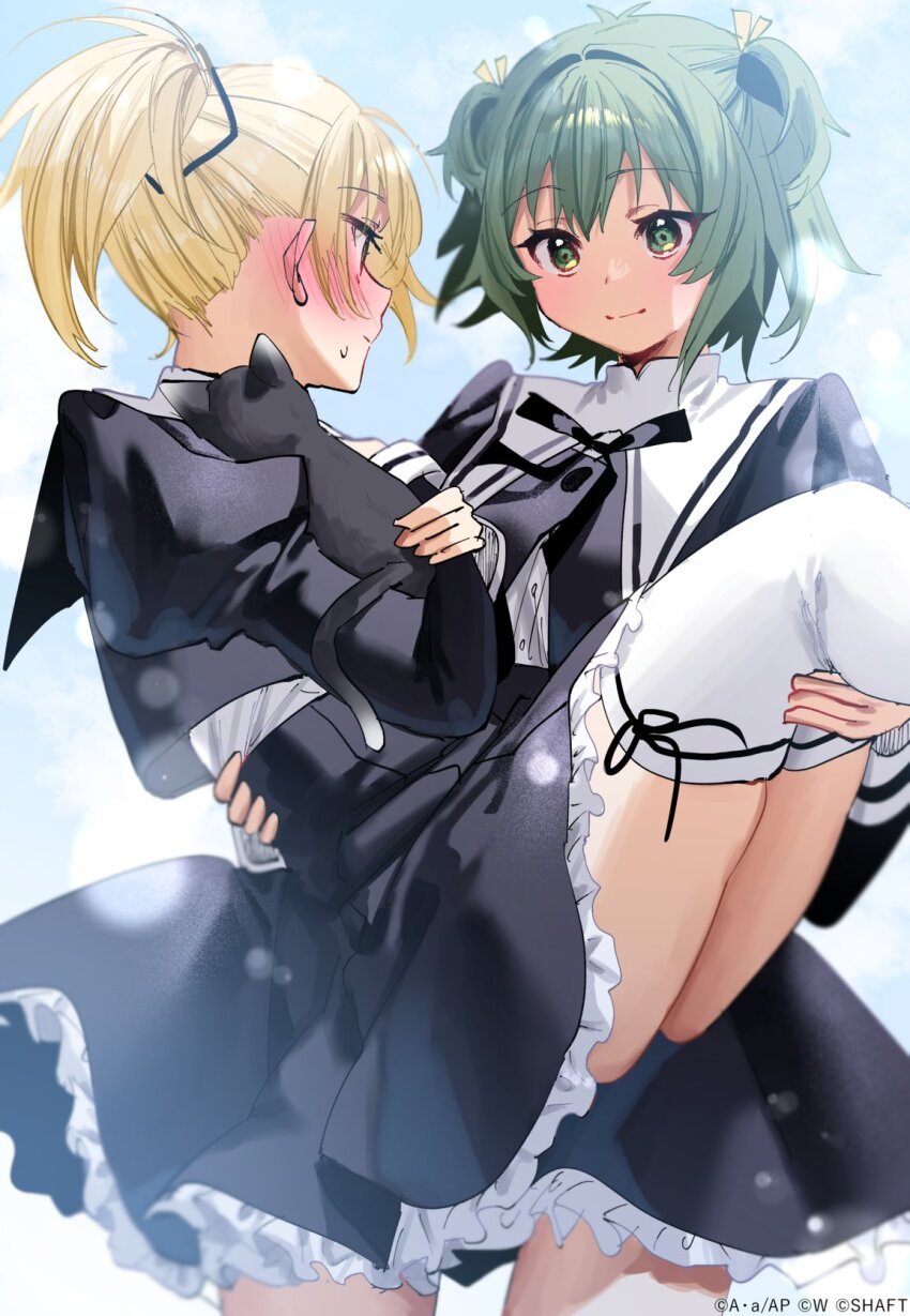 2girls ahoge andou_tazusa animal antenna_hair assault_lily black_cat black_ribbon blonde_hair blue_sky blush buttons carrying carrying_person cat closed_mouth cloud commentary_request copyright_notice cowboy_shot cropped_jacket day ear_blush frilled_skirt frills green_eyes green_hair hair_ribbon hands_up high-waist_skirt highres holding holding_animal holding_cat juliet_sleeves leg_ribbon light_particles long_sleeves looking_at_another multiple_girls neck_ribbon official_art outdoors ponytail princess_carry profile puffy_sleeves ribbon school_uniform shirt short_hair skirt sky standing sweatdrop thigh_ribbon thighhighs two_side_up white_shirt white_thighhighs yellow_ribbon yoshimura_thi_mai yuri yurigaoka_girls_academy_school_uniform