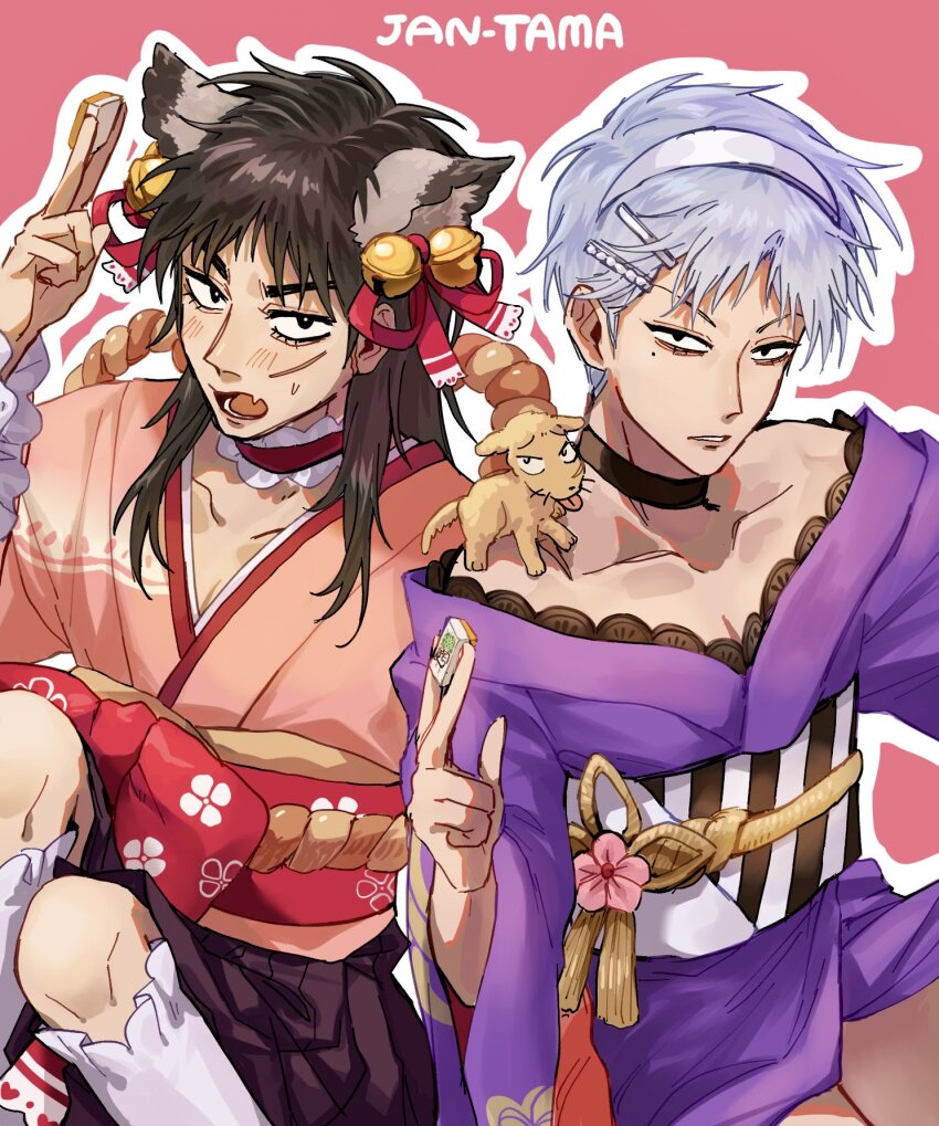 2boys akagi:_yami_ni_oritatta_tensai akagi_shigeru blush brown_hair choker commentary_request cosplay crossover fukumoto_mahjong hair_ornament hairband hairclip highres ichihime ichihime_(cosplay) itou_kaiji japanese_clothes kaiji looking_at_viewer mahjong mahjong_soul mahjong_tile medium_hair multiple_boys nikaidou_miki nikaidou_miki_(cosplay) open_mouth ribbon scar scar_on_face short_hair ta_ni_00 white_hair