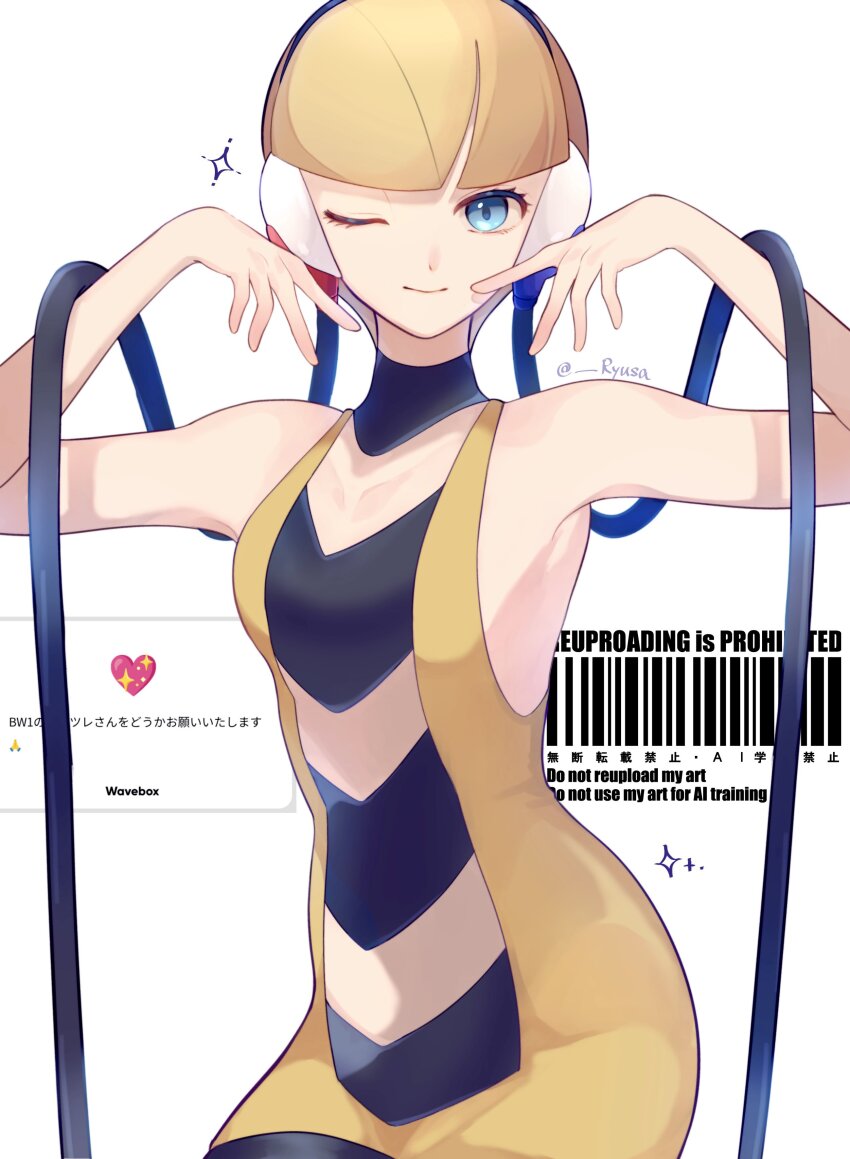 1girl ;) absurdres blonde_hair blue_eyes blunt_bangs cable closed_mouth dress elesa_(pokemon) eyelashes hands_up headphones heart highres looking_at_viewer nintendo one_eye_closed pokemon pokemon_bw ryusa_(gjgd7445) short_hair smile solo sparkle twitter_username white_background yellow_dress