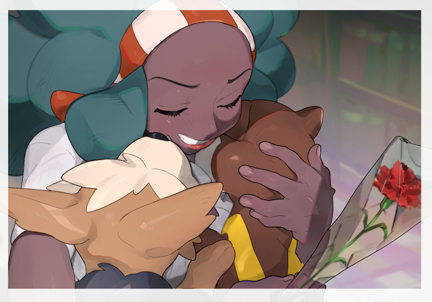 1girl big_hair blouse blush border carnation closed_eyes dark-skinned_female dark_skin eyelashes fingernails flower gen_5_pokemon green_hair grin hairband herdier highres holding holding_flower holding_pokemon hug lenora_(pokemon) long_hair mimura_(nnnnnnnnmoo) nintendo pokemon pokemon_(creature) pokemon_bw red_carnation red_flower shirt short_sleeves smile teeth watchog white_border white_shirt
