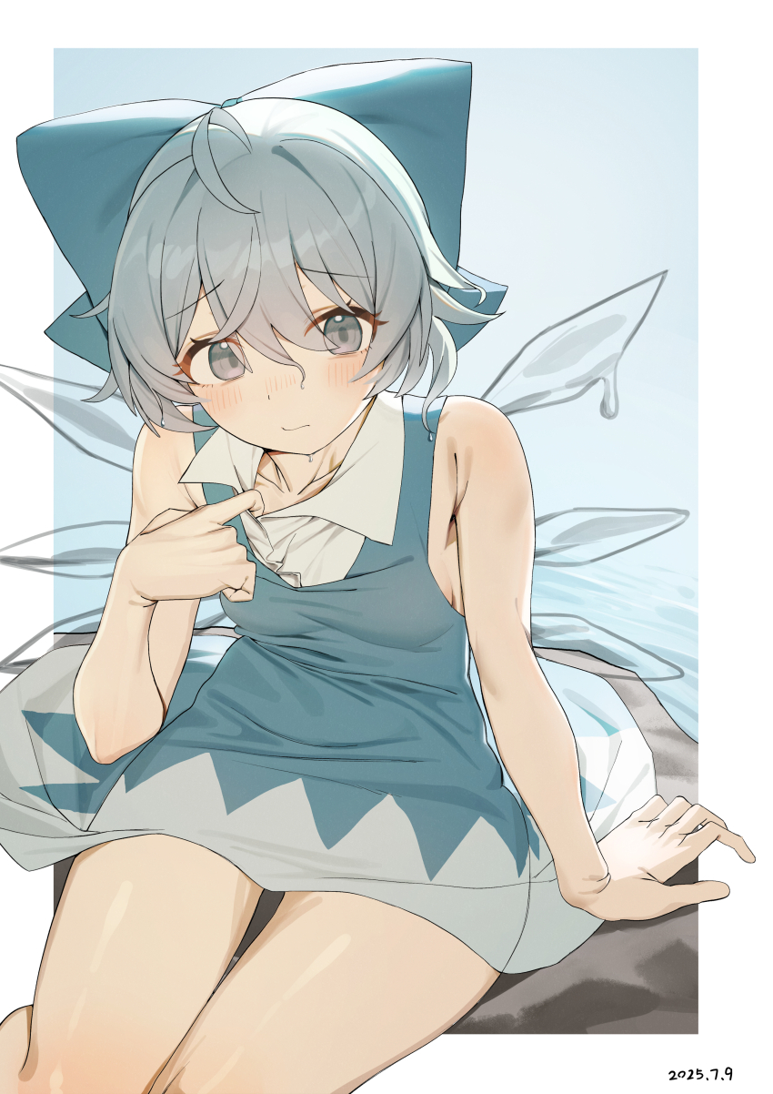 1girl absurdres bare_shoulders blue_bow blue_dress blue_eyes blue_hair blush bow cirno collared_dress dated dress fairy hair_between_eyes highres ice ice_wings medium_hair melting sitting sleeveless sleeveless_dress solo sweat thighs touhou two-tone_dress water white_dress wings ylong
