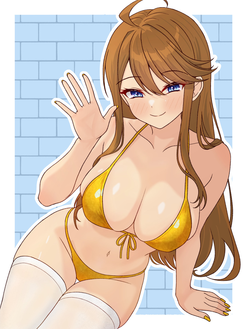 1girl 82k_mugi absurdres ahoge alternate_costume bikini blue_background blue_eyes blush border brick_wall brown_hair collarbone commentary fingernails front-tie_bikini_top front-tie_top gold_bikini groin hand_up highres idolmaster idolmaster_million_live! long_hair looking_at_viewer nail_polish navel outline smile solo stomach straight_hair string_bikini swimsuit thighhighs tokoro_megumi very_long_hair white_border white_outline white_thighhighs