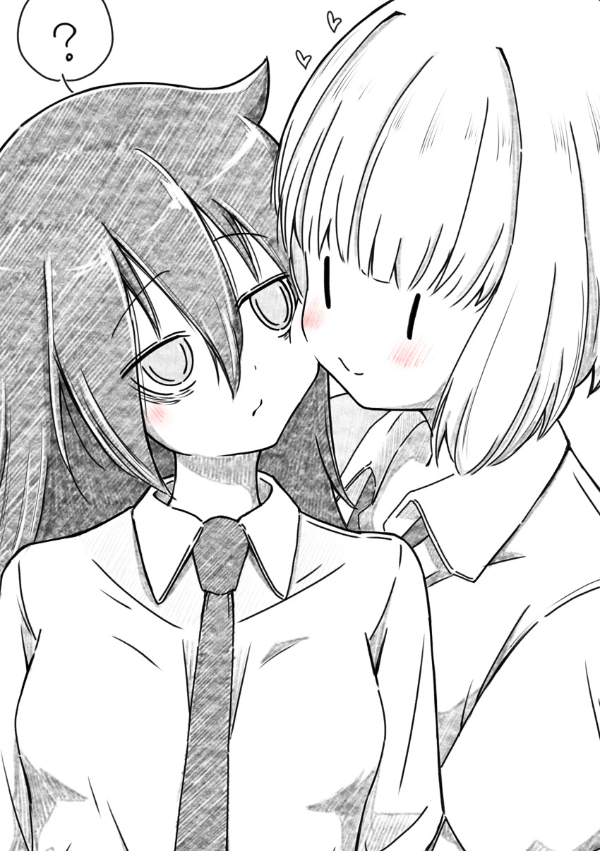 2girls :t ? absurdres azuminonomizua bags_under_eyes blunt_bangs cheek-to-cheek closed_mouth hair_between_eyes heads_together heart highres kuroki_tomoko lineart looking_at_another medium_hair monochrome multiple_girls necktie shirt short_hair smile spoken_question_mark uchi_emiri upper_body watashi_ga_motenai_no_wa_dou_kangaetemo_omaera_ga_warui! yuri |_|