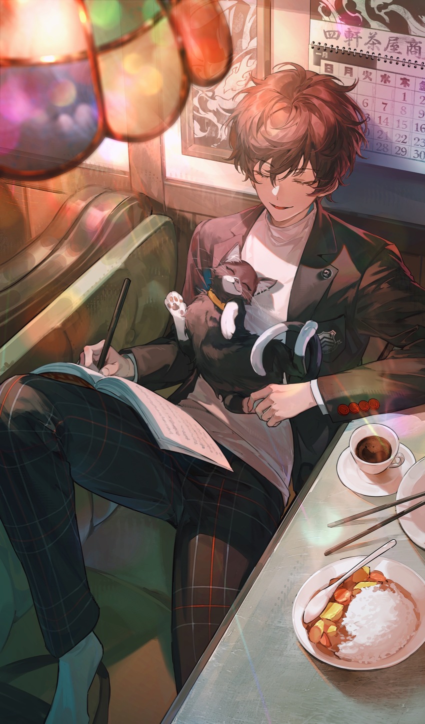 1boy absurdres amamiya_ren black_jacket blazer book book_on_lap bowl brown_hair calendar_(object) cat ceiling_light chopsticks closed_eyes commentary_request cup curry curry_rice food highres holding holding_pen indoors jacket jingsang_w male_focus morgana_(cat)_(persona_5) morgana_(persona_5) open_clothes open_jacket pants parted_lips pen persona persona_5 plaid_clothes plaid_pants rice rice_bowl saucer school_uniform shirt short_hair shuujin_academy_school_uniform sitting socks solo spoon teacup tuxedo_cat white_shirt white_socks writing