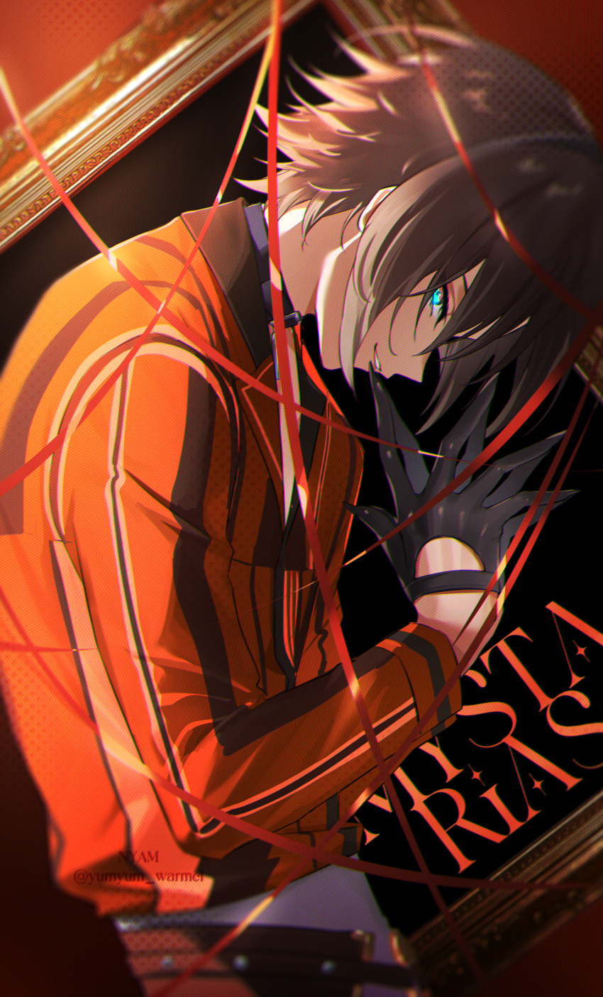 1boy absurdres aqua_eyes black_gloves brown_hair character_name from_side gloves glowing glowing_eyes hair_between_eyes head_down highres long_sleeves looking_at_viewer male_focus mysta_rias nijisanji nijisanji_en nyamnyam0502 orange_shirt own_hands_together shirt short_hair smile solo streamers virtual_youtuber