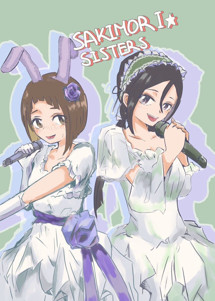 2girls alternate_costume animal_ears black_eyes black_hair blush bob_cut breasts brown_eyes brown_hair dress elbow_gloves fake_animal_ears flower gloves hair_between_eyes hair_flower hair_ornament hairband headdress highres holding holding_microphone idol inverted_bob kagajou_suzume kedashi kusunoki_mebuki kusunoki_mebuki_wa_yuusha_de_aru long_hair looking_at_viewer microphone multiple_girls music open_mouth purple_flower purple_rose rabbit_ears rose short_hair singing smile sweatdrop wedding_dress white_dress white_gloves yuusha_de_aru