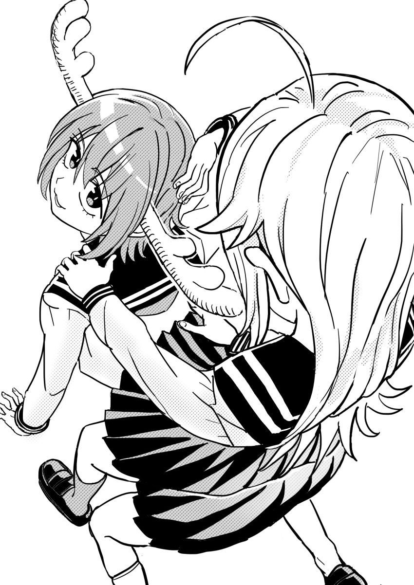 2girls absurdres ahoge all_fours antlers greyscale hair_behind_ear hand_on_another&#039;s_shoulder hand_on_own_head highres horns koshi_torako long_hair monochrome multiple_girls parted_lips pleated_skirt reiquant riding sailor_collar school_uniform serafuku shikanoko_noko shikanoko_nokonoko_koshitantan short_hair simple_background skirt smile socks white_background