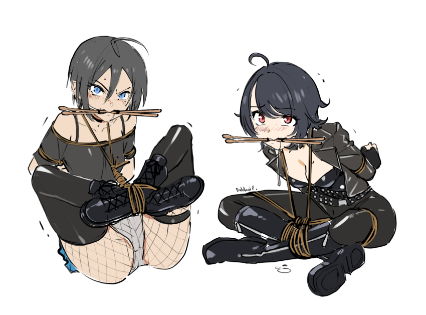 2girls arms_behind_back bdsm belt bit_gag black_hair blue_eyes blush bondage boots bound breasts cleavage drumsticks eudetenis fishnets gag highres improvised_gag jacket leather leather_jacket looking_at_viewer multiple_girls original panties red_eyes restrained second-party_source short_hair shrimp_tie simple_background tagme thigh_belt thigh_strap underwear white_background