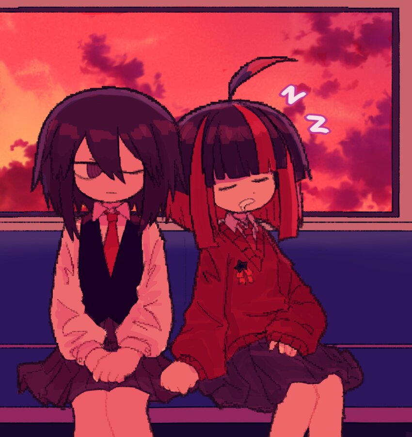 2girls @_@ ahoge black_eyes black_hair black_skirt black_vest closed_eyes closed_mouth cloud collared_shirt dot_nose drooling funamusea highres kurokawa_nataka looking_to_the_side medium_hair mogeko_castle mouth_drool multiple_girls necktie open_mouth pipiikki pleated_skirt red_hair red_necktie red_sky red_sweater_vest shirt skirt sky sleeping spanish_commentary sweater_vest train_interior vest white_shirt window yuhjima_imika zzz