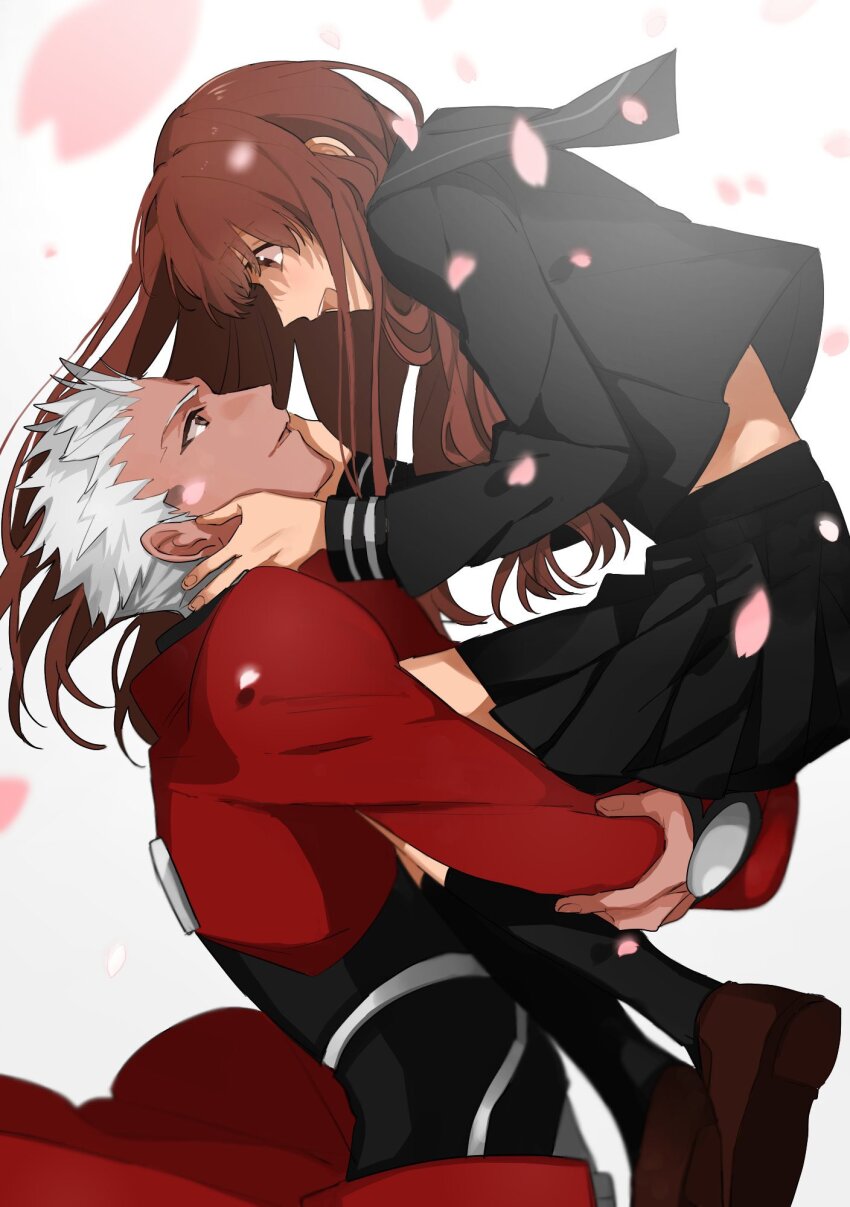 1girl archer_(fate) brown_hair carrying carrying_person coat couple dark-skinned_male dark_skin fate/extra fate/extra_ccc fate_(series) highres kishinami_hakuno_(female) long_hair looking_at_another red_coat spiked_hair tsukumihara_academy_uniform_(fate/extra_ccc) white_hair xxx6583
