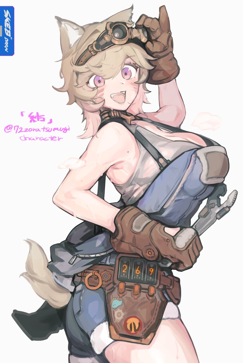 1girl absurdres animal_ears blonde_hair blue_overalls bolt_(hardware) breasts brown_gloves cleavage commentary_request commission cowboy_shot derorin dog_ears dog_girl dog_tail gears gloves goggles goggles_on_head grey_tank_top highres holding holding_wrench large_breasts looking_at_viewer mole mole_on_breast nail_(hardware) nixie_tube nut_(hardware) open_mouth original overalls purple_eyes screw short_hair simple_background skeb_commission smile solo tail tank_top white_background wrench