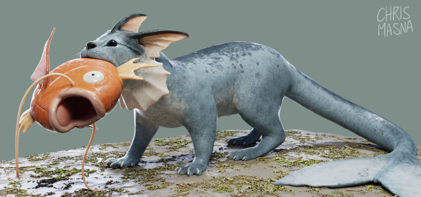 3d animal_focus artist_name black_eyes blender_(medium) carp chris_masna claws closed_mouth commentary dirt english_commentary fins fish fish_in_mouth fish_tail from_side full_body gen_1_pokemon grass green_background head_fins highres holding magikarp making-of_available mouth_hold nintendo no_humans on_ground open_mouth otter pokemon pokemon_(creature) predation realistic shiny_skin signature simple_background standing tail tongue vaporeon whiskers wide-eyed