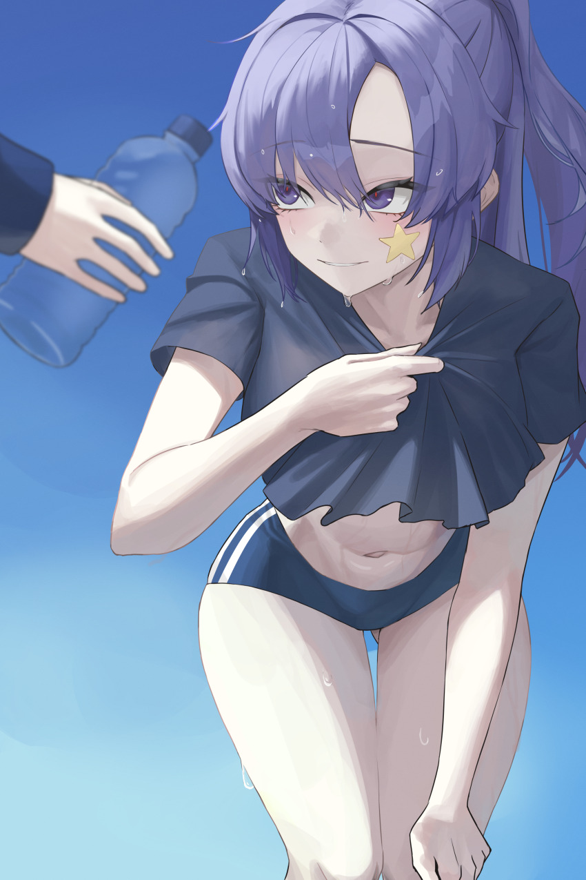 1boy 1girl absurdres bare_legs black_shirt blue_archive blue_buruma blush bottle buruma cropped_shirt feet_out_of_frame giving hayron highres holding holding_bottle leaning_forward long_hair looking_at_another navel official_alternate_costume ponytail purple_eyes purple_hair red_pupils sensei_(blue_archive) shirt smile star_sticker sticker_on_face sweat thighhighs yuuka_(blue_archive) yuuka_(track)_(blue_archive)
