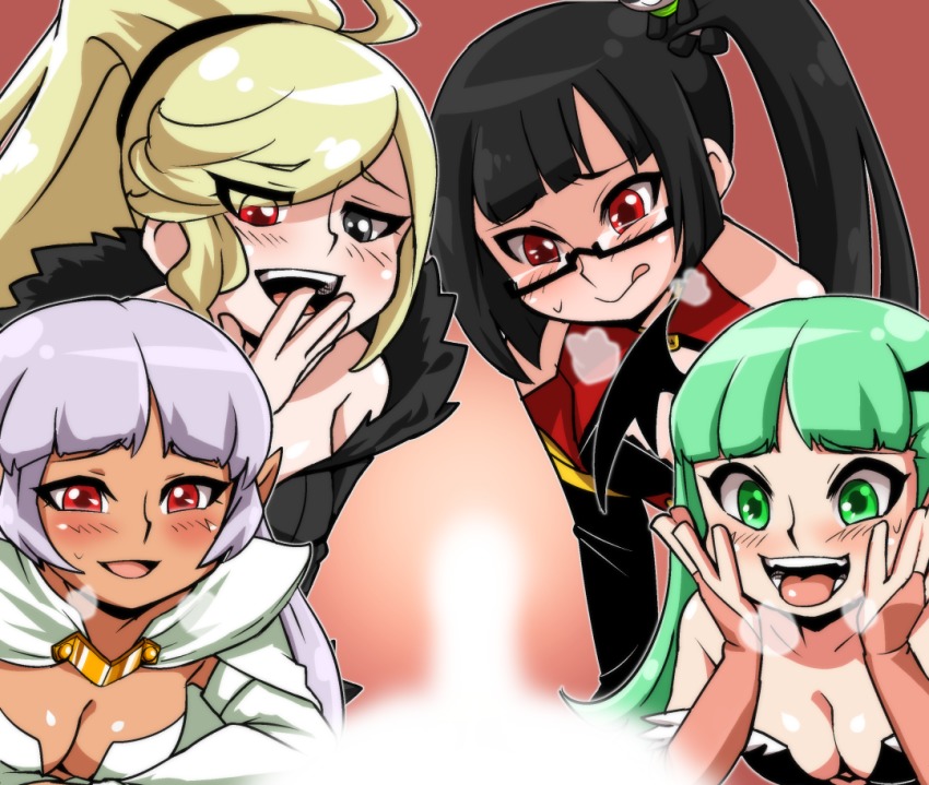 1boy 4girls :d arc_system_works arcana_heart arcana_heart_2 bare_shoulders bat_wings black-framed_eyewear black_hair black_wings blazblue blunt_bangs blush breasts breath bridal_gauntlets capcom cleavage clothing_cutout collarbone crossover dark-skinned_female dark_elf dark_skin darkstalkers demon_girl elf erection eyebrows eyelashes glasses green_eyes green_hair hand_to_own_mouth hands_on_own_cheeks hands_on_own_face head_wings heart heart_cutout heavy_breathing heterochromia high_ponytail high_side_ponytail hilda_(under_night_in-birth) lao_jiu litchi_faye_ling long_hair looking_at_penis medium_breasts morrigan_aensland multiple_girls open_mouth outline panda parace_l&#039;sia parted_bangs penis penis_awe pointy_ears ponytail purple_hair red_eyes semi-rimless_eyewear side_ponytail smile swept_bangs teeth tongue tongue_out under-rim_eyewear under_night_in-birth white_outline wings yuuya_(blue_scarab)