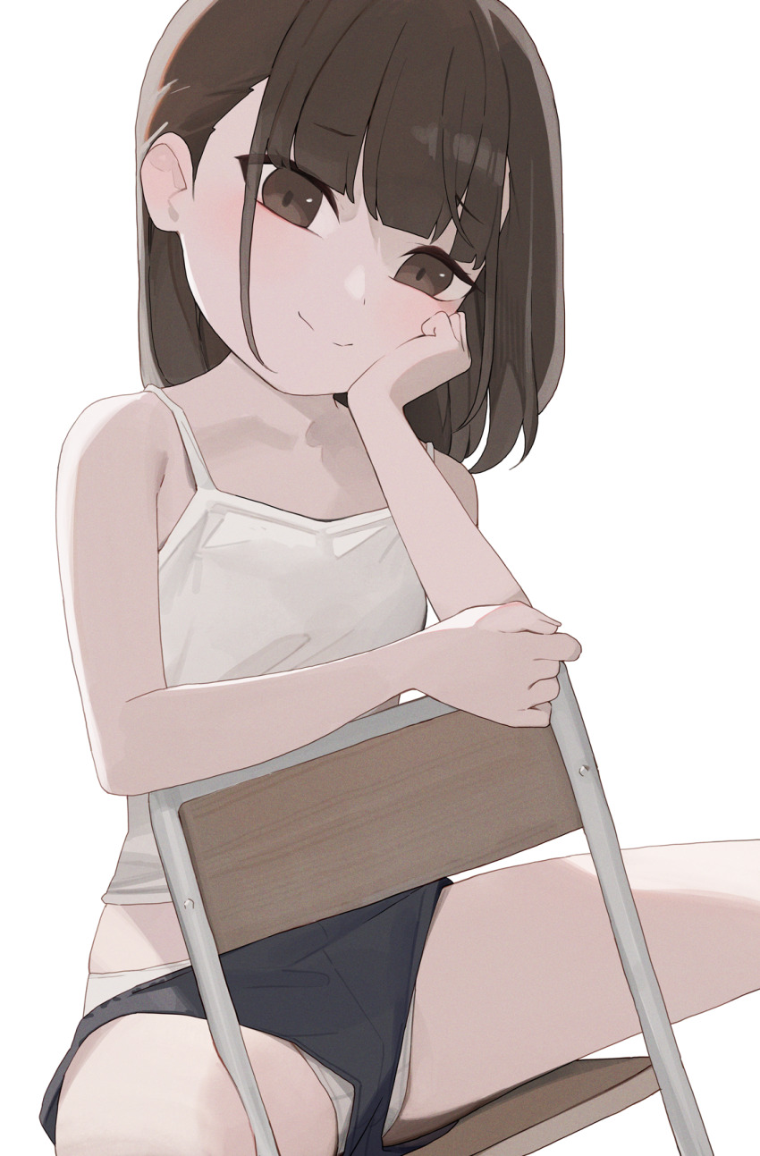 1girl black_shorts brown_eyes brown_hair camisole chair closed_mouth commentary highres hiroki_(yyqw7151) looking_at_viewer original panties panties_under_shorts panty_peek short_shorts shorts simple_background sitting sitting_backwards smile solo underwear white_background white_camisole white_panties