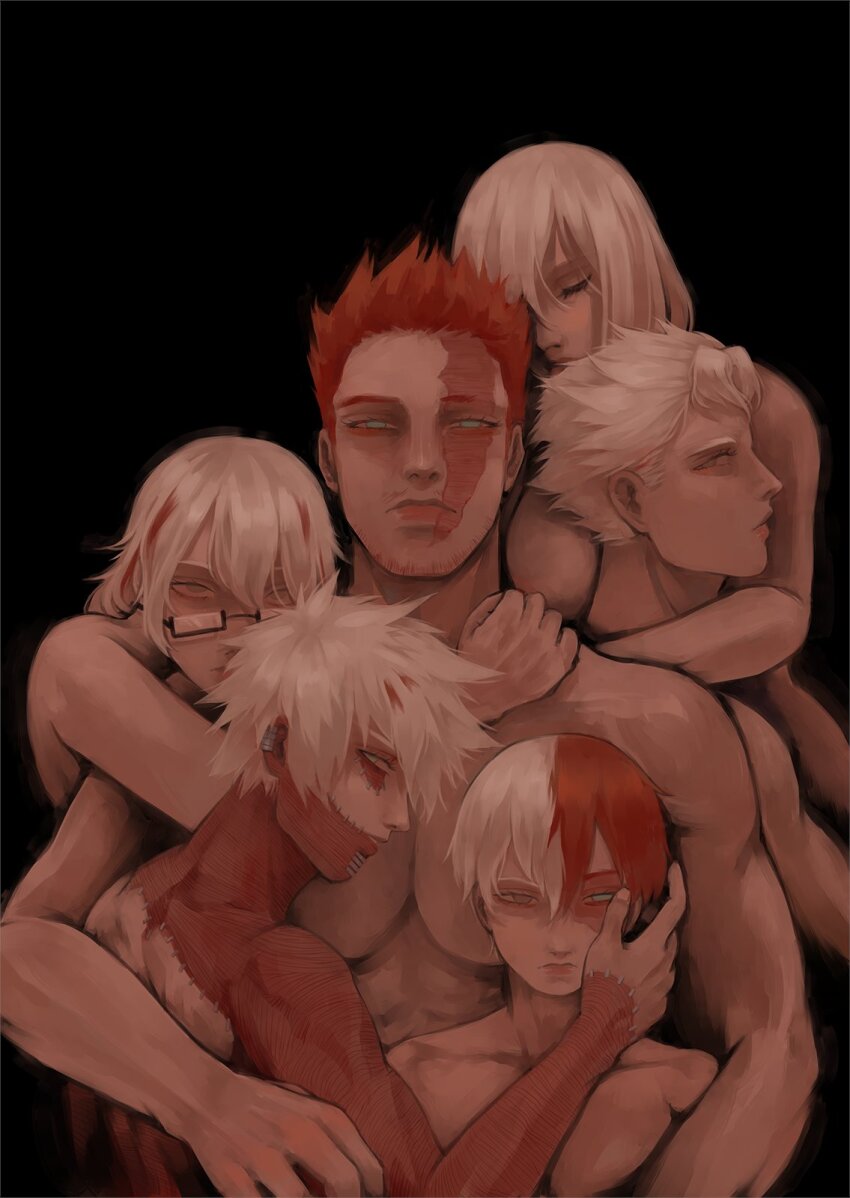 2girls 4boys boku_no_hero_academia breasts brother_and_sister brothers dabi_(boku_no_hero_academia) endeavor_(boku_no_hero_academia) facial_hair father_and_daughter father_and_son glasses highres hug mother_and_daughter mother_and_son multicolored_hair multiple_boys multiple_girls nid_log nude red_hair scar scar_on_face siblings split-color_hair stitched_face stitches todoroki_fuyumi todoroki_natsuo todoroki_rei todoroki_shouto white_hair