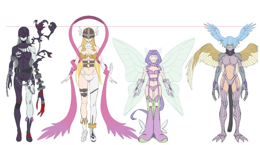 4girls angel_and_devil angewomon belt bikini black_bodysuit black_mask blonde_hair blue_eyes blue_hair bodysuit breasts brown_wings cleavage clothing_cutout colored_skin covered_eyes digimon digimon_(creature) fairimon feathered_wings full_body futa_yuri_ryona grey_hair grey_skin group_picture head-mounted_display head_wings helmet helmet_over_eyes hip_vent ladydevimon large_breasts long_hair medium_breasts multiple_girls navel o-ring purple_bikini purple_hair short_hair shutumon simple_background size_comparison standing stitches stomach_cutout swimsuit torn_bodysuit torn_clothes white_background white_bodysuit winged_helmet wings
