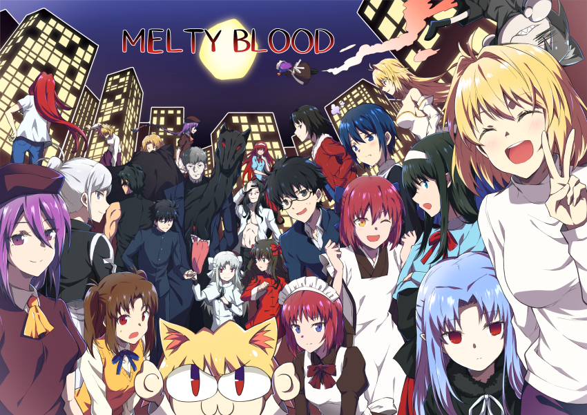 6+boys 6+girls absurdres animal_ear_fluff animal_ears aozaki_aoko archetype_earth arcueid_brunestud arima_miyako azami_masurao bare_shoulders black_hair blonde_hair blue_eyes blue_hair blush bow brown_hair building cape cat_ears cat_girl ciel_(tsukihime) city closed_eyes dark_persona detached_sleeves dual_persona everyone expressionless flying formal_clothes full_moon glasses group_picture hair_bow hair_over_one_eye hand_in_pocket happy highres hisui_(tsukihime) holding_hands japanese_clothes kimono kishima_kouma kohaku_(tsukihime) len_(tsukihime) long_hair looking_at_viewer maid maid_headdress mecha_hisui melty_blood michael_roa_valdamjong monster moon multiple_boys multiple_girls nanaya_shiki neco-arc neco-arc_chaos night night_sky nrvnqsr_chaos nun ponytail purple_eyes purple_hair red_arcueid red_hair riesbyfe_stridberg robot ryougi_shiki school_uniform short_hair sion_eltnam_(type-moon) sion_eltnam_atlasia sion_tatari sky smile sweater tohno_akiha tohno_shiki toono_akiha tsukihime tunic turtleneck turtleneck_sweater v vampire vermillion_akiha wallachia white_hair white_len_(tsukihime) yumizuka_satsuki