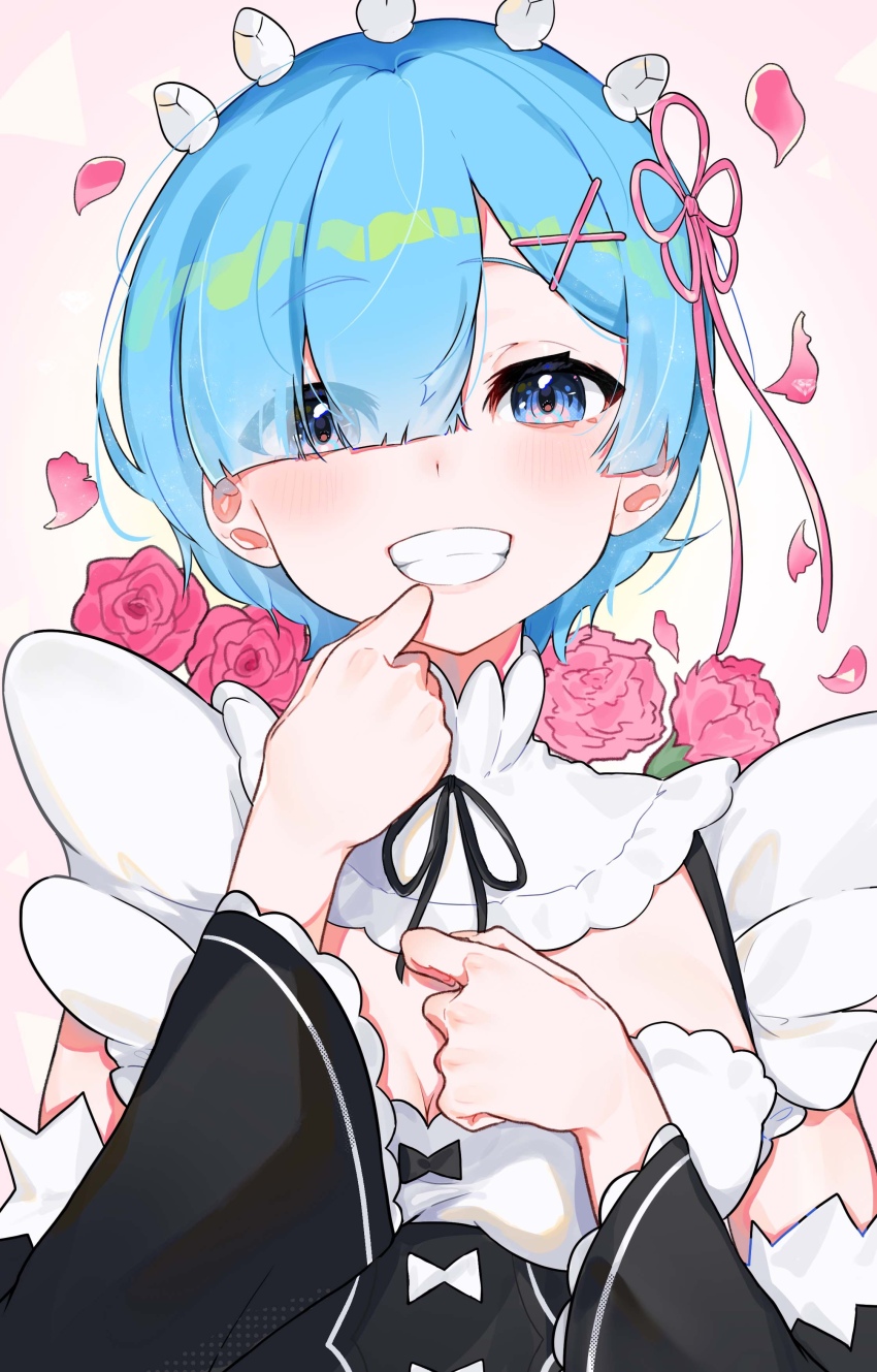 1girl absurdres black_ribbon black_sleeves blue_eyes blue_hair blush bow breasts cleavage detached_sleeves dress eyes_visible_through_hair flower flower_knot frills grin hair_ornament hair_over_one_eye hair_ribbon hands_up highres long_sleeves looking_at_viewer maid maid_headdress medium_breasts neck_ribbon petals pink_background pink_flower pink_ribbon pink_rose re:zero_kara_hajimeru_isekai_seikatsu rem_(re:zero) ribbon rose roswaal_mansion_maid_uniform short_hair smile solo teeth upper_body x_hair_ornament yume_blossom